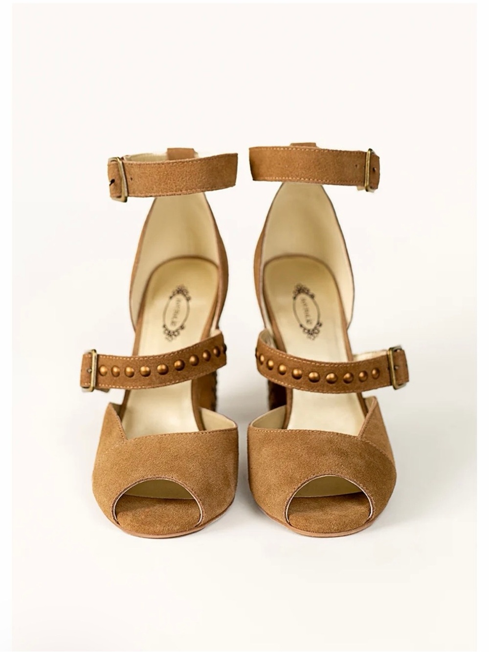 NWOT Joyfolie Nutmeg Suede Studded Block Heel Sandals - Picture 9 of 10